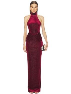Michael Costello Ataya Burgundy Velvet Halter Maxi Dress